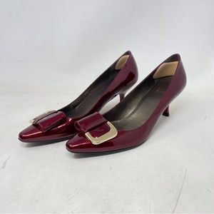 Stuart Weitzman Red Kitten Heel with Gold Buckle Women's Size 8.5 - MW77211